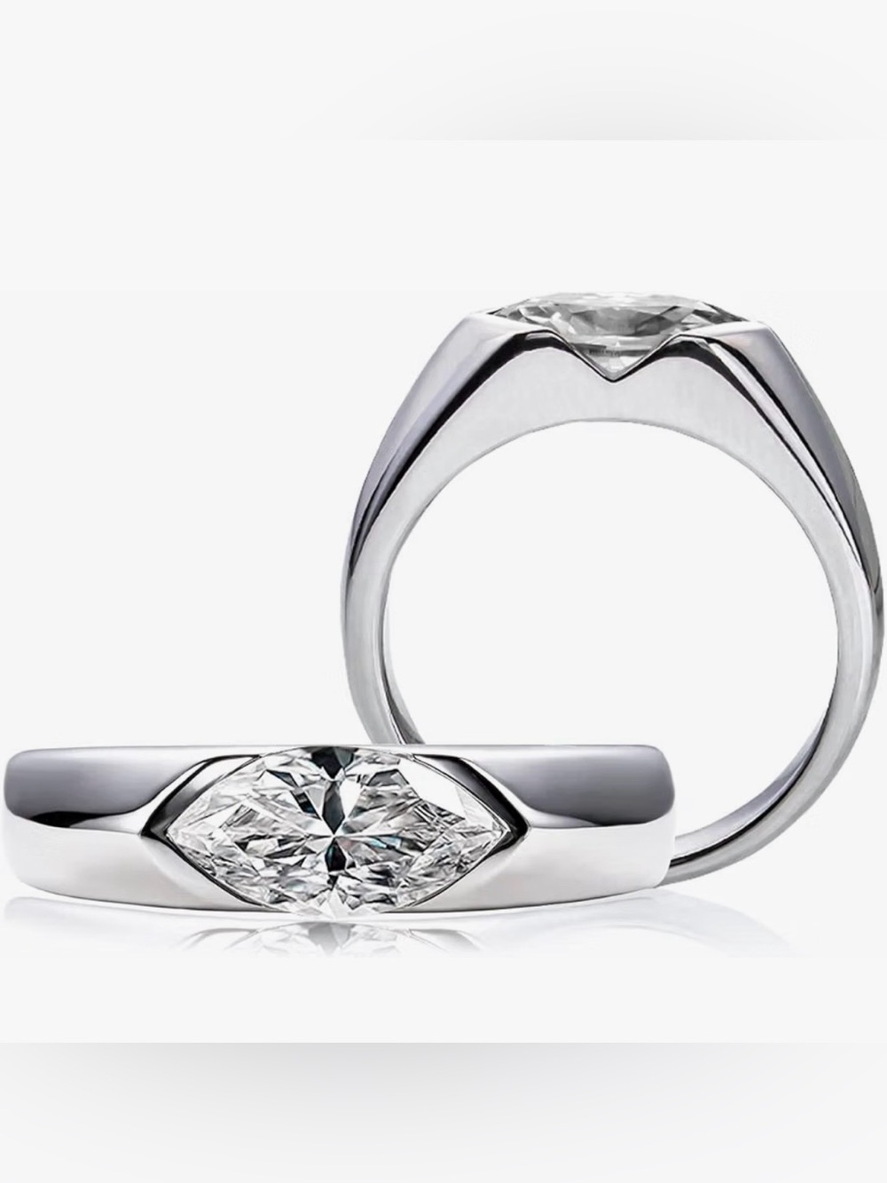 2 Carat Moissanite Bezel Set Marquise Diamond Ring in Sterling Silver